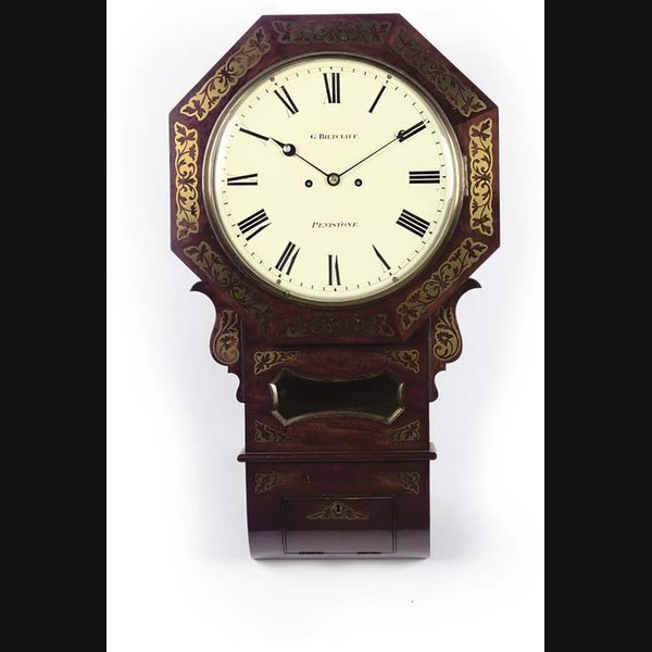 A Victorian mahogany and cut-brass inlaid striking drop-dial wall clock, second quarter 19th Century