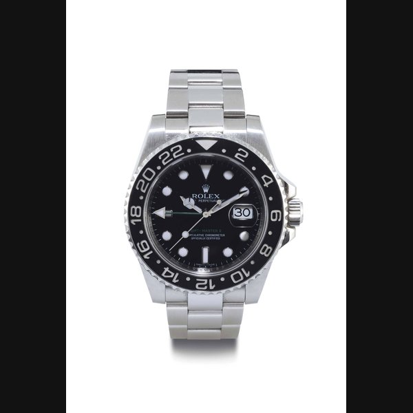 ROLEX. A STAINLESS STEEL AUTOMATIC DUAL TIME WRISTWATCH WITH DATE, CERMAIC BEZEL, CENTER SECONDS AND BRACELET SIGNED ROLEX, OYSTER PERPETUAL DATE, GMT-MASTER II, CASE NO. Z673637, REF. 116710, CIRCA 2007