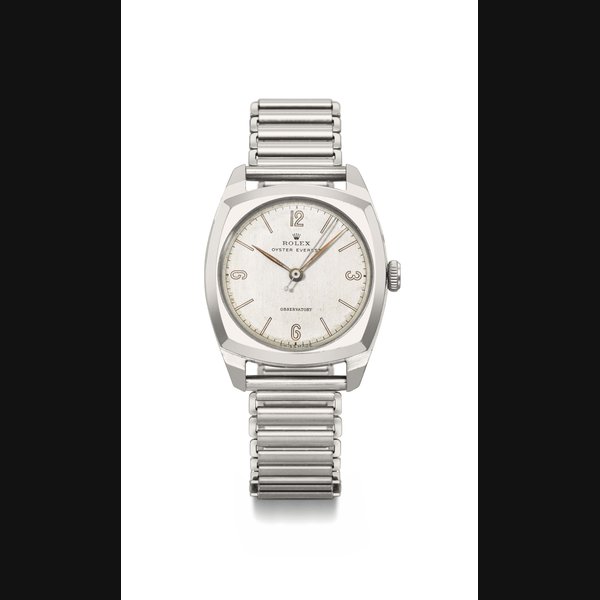 Rolex. A fine and rare, stainless steel cushion-shaped wristwatch with sweep centre seconds and Gay Frères bracelet Signed Rolex, Oyster Everest, Observatory, ref. 4647, case no. 276’447, circa 1945