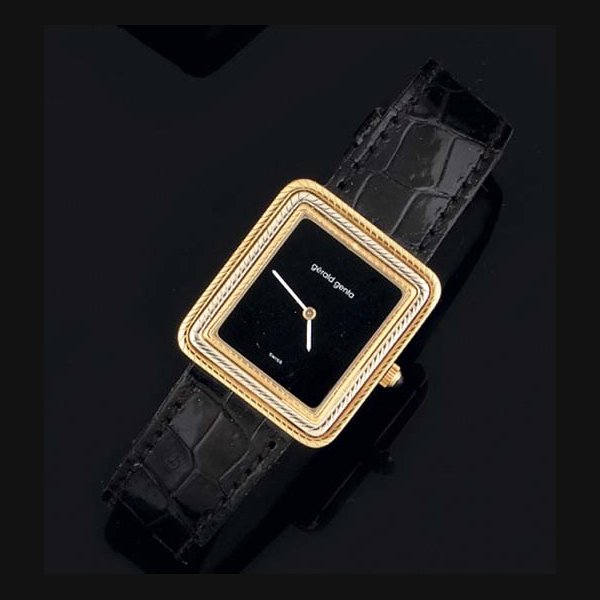 Gerald Genta. An 18ct Two Colour Gold rectangular wristwatch with onyx dial SIGNED GERALD GENTA, CASE NO G13362-21139, CIRCA 1990