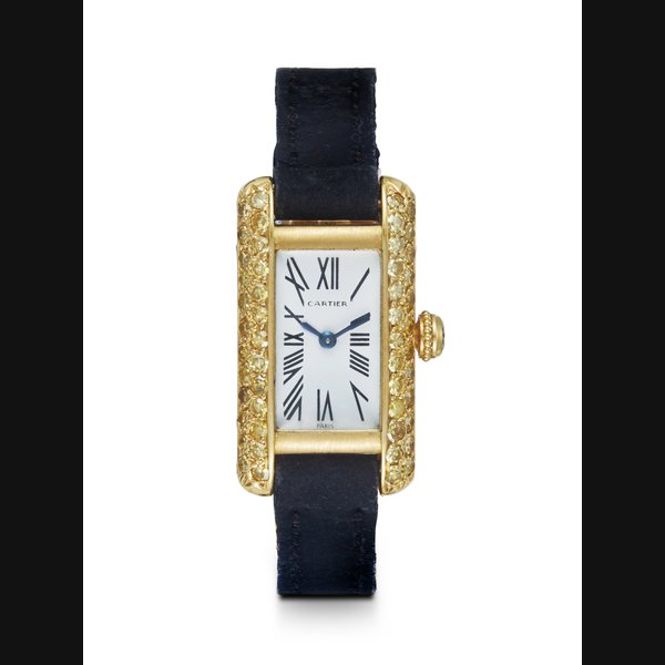 CARTIER TANK, A RARE AND ATTRACTIVE GOLD AND YELLOW SAPPHIRE-SET MANUAL WINDING WRISTWATCH CASE NUMBER: 030'966
