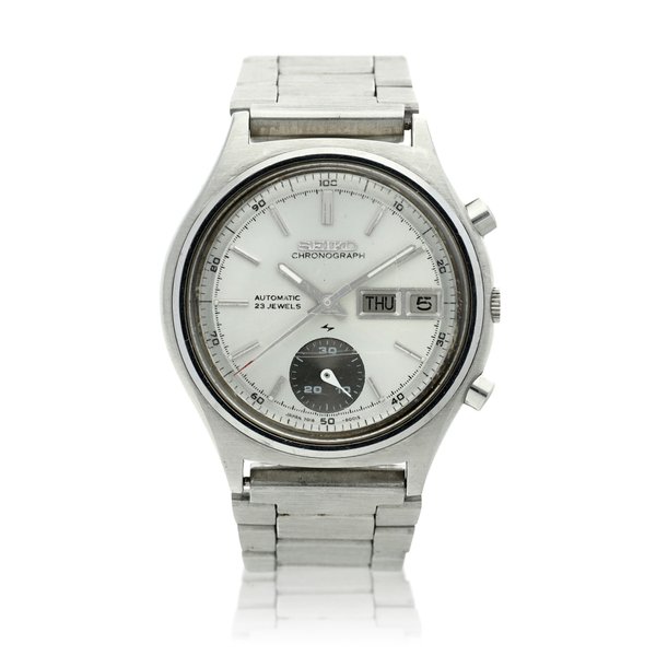 Seiko Reference 7018-8000 'One Eyed Panda'  A stainless steel automatic chronograph wristwatch with day and date, Circa 1971