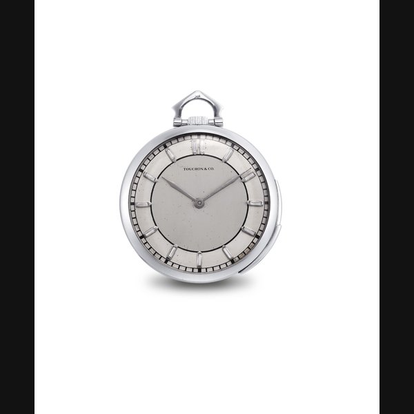 TOUCHON & CO. A FINE PLATINUM AND DIAMOND-SET MINUTE REPEATING OPENFACE KEYLESS LEVER DRESS WATCH WITH TWO-TONE SILVERED DIAL SIGNED TOUCHON & CO., MOVEMENT NO. 132'159, CASE NO. 222'216, CIRCA 1920