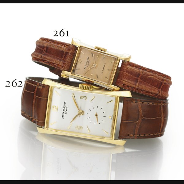 PATEK PHILIPPE. A FINE AND RARE LADY'S 18K PINK GOLD FLARED RECTANGULAR WRISTWATCH SIGNED PATEK PHILIPPE, GENEVE, "EIFFEL TOWER", NO. 945396, CASE NO. 664977, REF. 2295, RETAILED BY HAUSMANN & CO, MANUFACTURED IN 1952