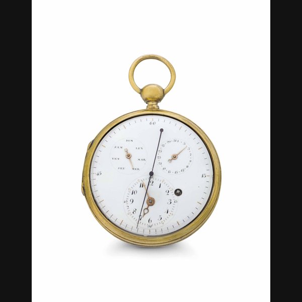 Anonymous. A Rare Gilt Openface Key Wound Double-Wheel Duplex Pocket Watch with Day, Date and Start/Stop Center Seconds UNSIGNED, MOVEMENT NO. 2752, EARLY 19TH CENTURY