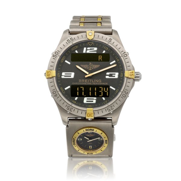 Breitling Areospace, Reference F75362  |  A yellow gold and titanium multi function wristwatch with bracelet, Circa 2008  |  百年靈   | Areospace 型號F75362 |  黃金及鈦金屬多功能鏈帶腕錶，約2008年製 · F75362