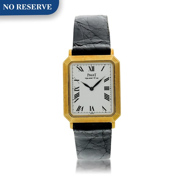 Piaget Reference 7142 A yellow gold rectangular shaped wristwatch with ridged bezel, Circa 1975