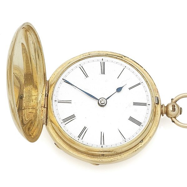 English. An 18K gold key wind full hunter pocket watch Case & Movement No.14544, London Hallmark for 1854