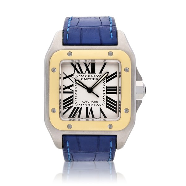 Cartier Reference 2656 Santos 100, A stainless steel and yellow gold automatic square shaped wristwatch, Circa 2010