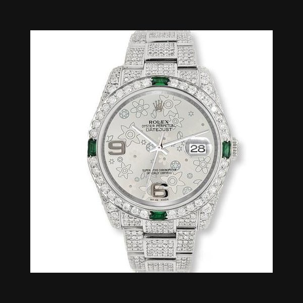 Rolex Rolex Datejust36mm 12.4CT Diamond/Emerald Watch With Silver Floral Box Papers