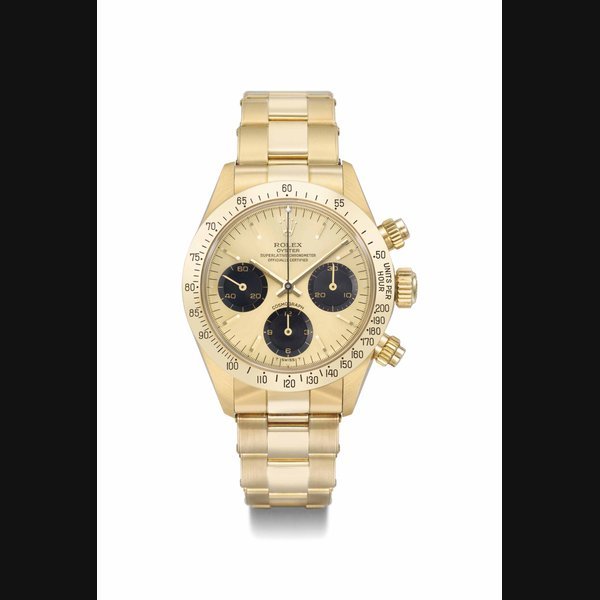 Rolex Rolex. A fine and rare 18K gold chronograph wristwatch with champagne dial, bracelet, original guarantee and box SIGNED ROLEX, OYSTER, SUPERLATIVE CHRONOMETER OFFICIALLY CERTIFIED, COSMOGRAPH, REF. 6265, CASE NO. 6'250'502, MANUFACTURED IN 1980 · 6265