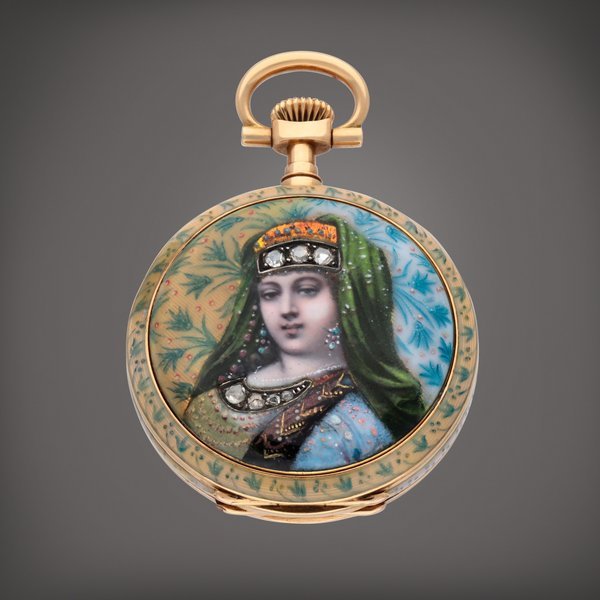 Patek Philippe Retailed By Spaulding & Co: A yellow gold, enamel and diamond-set open cased watch | Circa 1900