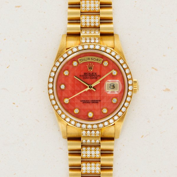 Rolex Rolex Day-Date 18348 Crown Collection Coral Serti Dial Diamond Bezel and Bracelet Box and Papers · 18348