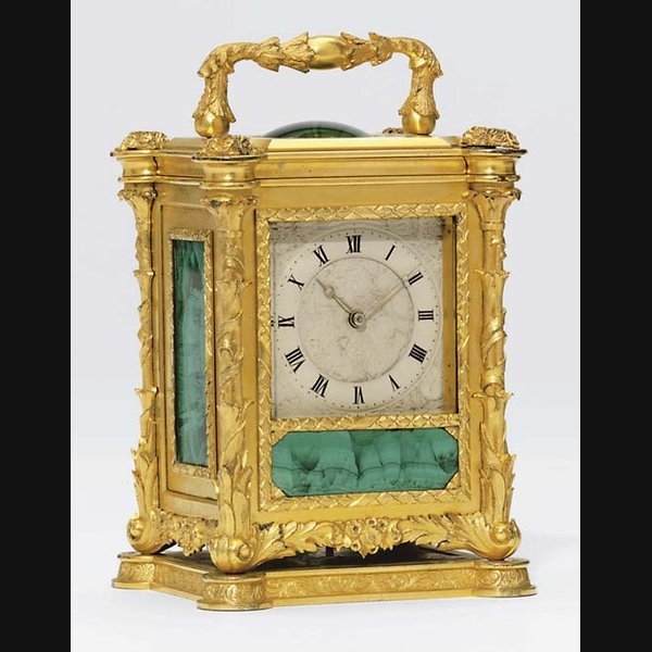 A Victorian gilt-metal and malachite-mounted eight day timepiece carriage clock HUNT AND ROSKELL, LONDON, NO.1591. MID 19TH CENTURY