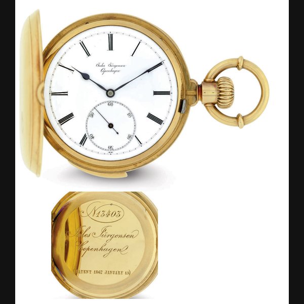 JULES JÜRGENSEN. AN 18K GOLD HUNTER CASE MINUTE REPEATING KEYLESS LEVER POCKET WATCH WITH PATENTED BOW SETTING SIGNED JULES JÜRGENSEN, COPENHAGEN, NO. 13403, CIRCA 1880