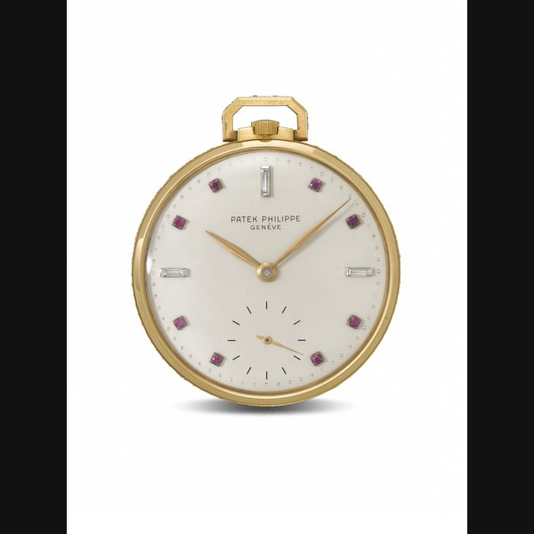 PATEK PHILIPPE. A VERY RARE AND HIGHLY ATTRACTIVE 18K PINK GOLD, DIAMOND AND RUBY-SET KEYLESS LEVER WATCH REF. 600⁄3, MOVEMENT NO. 892'142, CASE NO. 685'031, MANUFACTURED IN 1954