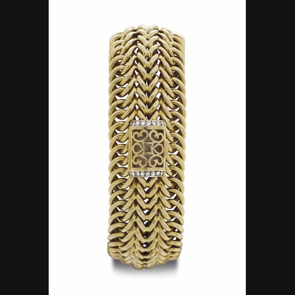 Rolex Rolex. A Large and Attractive 18k Gold Herringbone Bracelet Watch with Semi-Skeletonized Concealed Dial SIGNED ROLEX, PRECISION, NO. 597, CIRCA 1970