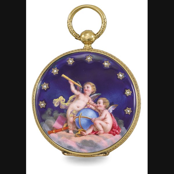 Patek Philippe. A fine, early and possibly unique 18K gold, enamel, diamond and pearl-set hunter case keywound cylinder watch Signed Patek Philippe & Co. à Genève, no. 7'561, manufactured in 1853