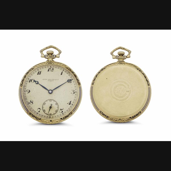 Patek Philippe. An 18k Gold and Enamel Openface Keyless Lever Dress Watch with Breguet Numerals Signed Patek Philippe & Cie, Genève, Movement No. 806'654, Case No. 288'597, Manufactured in 1923