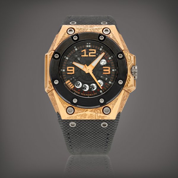 Linde Werdelin Oktopus Moon Tattoo, Reference OKT.II.MGTT.1 | A limited edition pink gold and DLC-coated titanium semi-skeletonised wristwatch with moon phases, Circa 2015 | Oktopus Moon Tattoo 型號OKT.II.MGTT.1 | 限量版粉紅金及 DLC 塗層處理鈦金屬半鏤空腕錶，備月相顯示，約2015年製 · OKT.II.MGTT.1