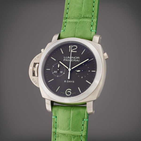 Panerai Reference PAM 00345 Luminor 1950 8 Days Monopulsante GMT | A limited edition titanium dual time chronograph wristwatch with day/night and 8 day power reserve indication, Circa 2011