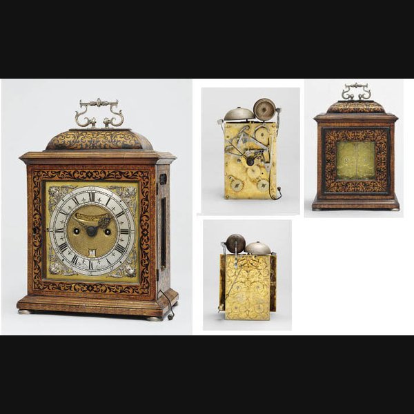  A rare Queen Anne silver-mounted walnut, fruitwood and ebonised marquetry striking eight day table clock with quarter repeat JOSEPH WINDMILLS, LONDON. CIRCA 1705
