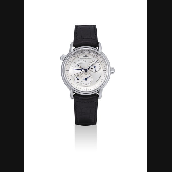 Jaeger-Lecoultre JAEGER-LECOULTRE. A FINE PLATINUM AUTOMATIC DUAL TIME WRISTWATCH WITH SWEEP CENTRE SECONDS, DATE, POWER RESERVE, WORLD TIME AND 24 HOUR INDICATIONS SIGNED JAEGER-LECOULTRE, GEOGRAPHIQUE MODEL, NO. 0059, REF. 169.6.92, CIRCA 1991