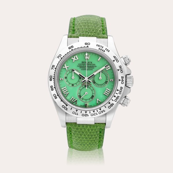 Rolex Cosmograph Daytona "Beach", Reference 116519 | A white gold chronograph wristwatch with green chalcedony dial, Circa 2004 | 勞力士 | Cosmograph Daytona "Beach" 型號116519 | 白金計時腕錶，備綠玉髓錶盤，約2004年製 · 116519