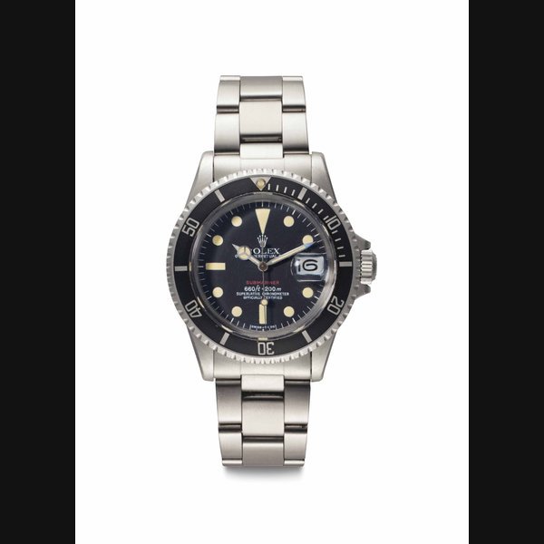 Rolex Rolex. A Fine And Rare Stainless Steel Automatic Wristwatch with Center Seconds, Date and Bracelet Signed Rolex, Oyster Perpetual Date, Submariner, 660ft=200m, Red Submariner Model, Ref. 1680, Case No. 3’816’357, Circa 1974