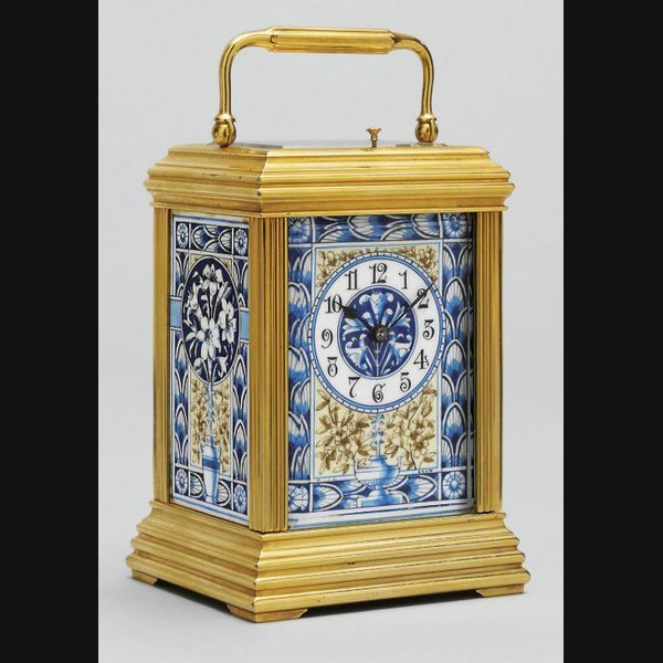 A French brass and porcelain-mounted striking eight day carriage clock NO. 1813. CIRCA 1880