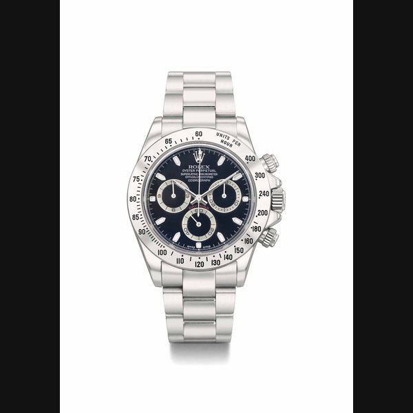 Rolex Rolex. A very rare and historically interesting stainless steel automatic chronograph wristwatch with bracelet, original certificate and box SIGNED ROLEX, OYSTER PERPETUAL, SUPERLATIVE CHRONOMETER, OFFICIALLY CERTIFIED, COSMOGRAPH DAYTONA, REF. 116520, CASE NO. K'917'851, MANUFACTURED IN 2002
