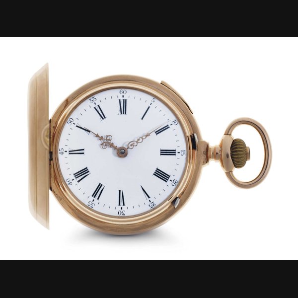 Swiss. An 18k Pink Gold Quarter Repeating Keyless Lever Hunter Case Pocket Watch With Hidden Erotica Automaton UNSIGNED, CASE NO. 25679, CIRCA 1890