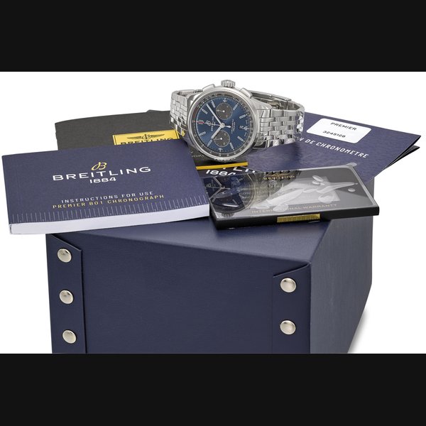 BREITLING. A STAINLESS STEEL AUTOMATIC CHRONOGRAPH WRISTWATCH WITH DATE, BRACELET, INTERNATIONAL WARRANTY AND BOX SIGNED BREITLING, 1884, CHRONOMETER, PREMIER, REF. AB0118, CASE NO. 3’245’128, CIRCA 2019