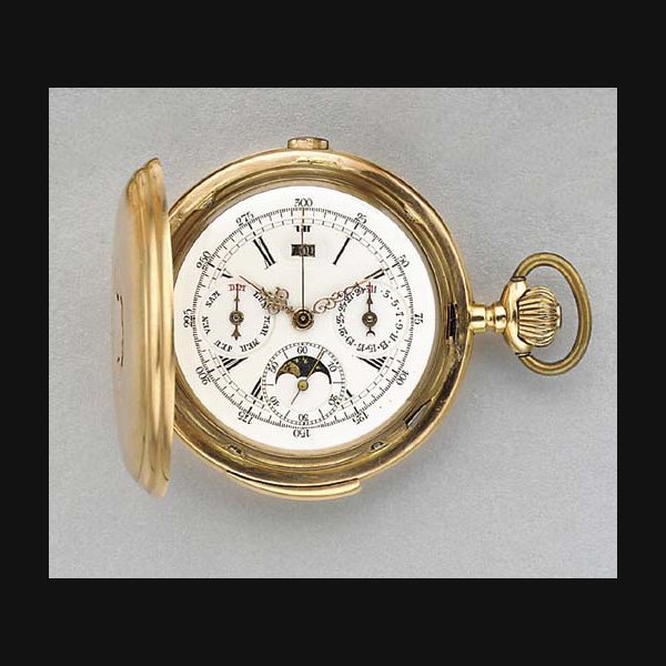 Swiss. A 14K gold hunter case triple calendar minute repeating chronograph keyless lever watch with phases of the moon UNSIGNED, CIRCA 1900