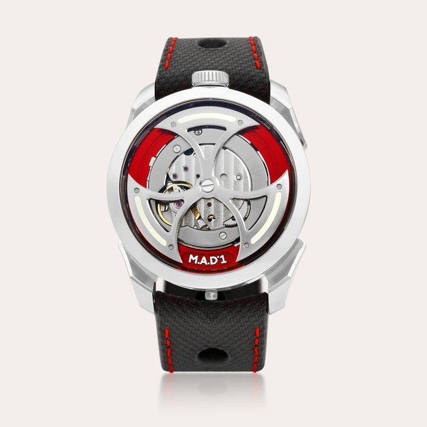 M.A.D.Editions M.A.D.1 RED | A stainless steel semi-skeletonised wristwatch with lateral time display and triple-blade winding rotor, Made in collaboration with MB&F, Circa 2022 | M.A.D.1 RED | 精鋼半鏤空腕錶，備橫向時間顯示及三葉擺陀，與 MB&F 合製，約2022年製