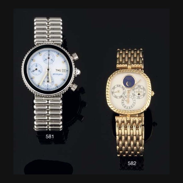 Gerald Genta Gerald Genta. An 18ct Gold Automatic Perpetual Calendar wristwatch on bracelet with moonphase indication SIGNED GERALD GENTA, GENEVE, CASE NO G19884-24245, CIRCA 1990