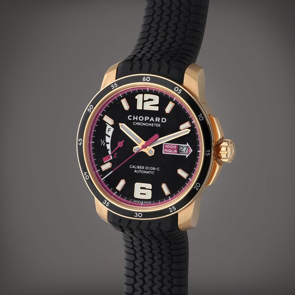 Chopard Reference 1295 Mille Miglia GTS Power Control Brescia Roma Brescia | A pink gold automatic wristwatch with date and power reserve indication, Circa 2015