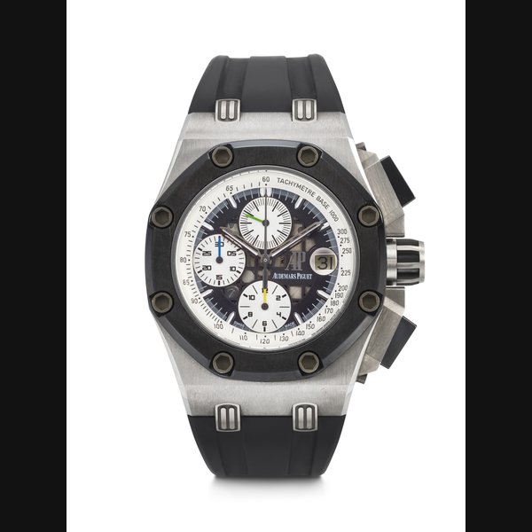 AUDEMARS PIGUET. A LARGE AND SPORTY TITANIUM AND CERAMIC LIMITED EDITION AUTOMATIC CHRONOGRAPH WRISTWATCH WITH DATE ROYAL OAK OFFSHORE 'RUBENS BARRICHELLO II' MODEL, REF. 26078IO, CASE NO. F73264, 969⁄1000, CIRCA 2000s
