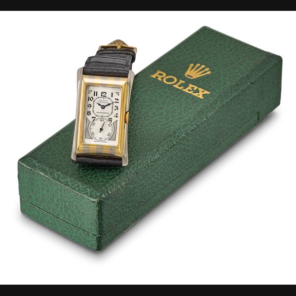 ROLEX. A FINE AND RARE 18K YELLOW AND WHITE GOLD RECTANGULAR WRISTWATCH SIGNED ROLEX, ROLEX PRINCE, BRANCARD MODEL, REF. 971, MOVEMENT NO. 7030, CASE NO. 59’898, CIRCA 1930