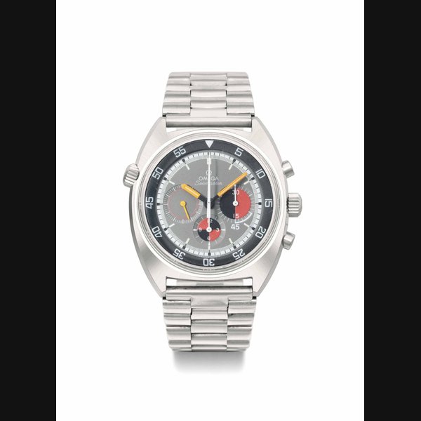 Omega. A rare stainless steel tonneau-shaped chronograph wristwatch with multi-coloured dial and bracelet SIGNED OMEGA, SEAMASTER, SOCCER MODEL, REF. ST 145.019, MOVEMENT NO. 28'088'172, MANUFACTURED IN 1969