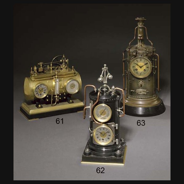 Vertical Steam Boiler A French patinated brass and marmo nero Belgio striking eight day clock with automaton governor CIRCA 1890