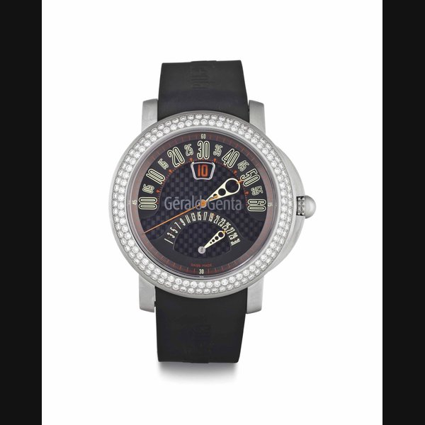 Gerald Genta. A Stainless Steel and Diamond-Set Automatic Jump Hour Wristwatch with Retrograde Minutes and Date SIGNED GERALD GENTA, ARENA BIRETRO MODEL, REF. BSP.Y.10, CASE NO. 114825, CIRCA 2007
