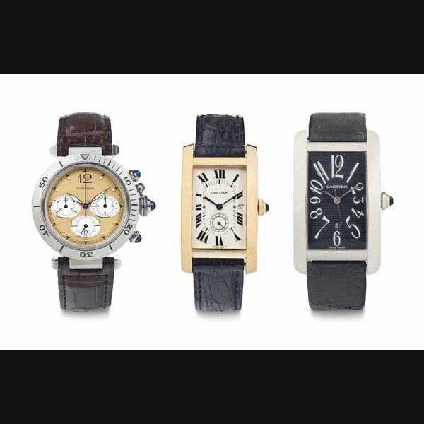  A Lot of Three Cartier Wristwatches ALL SIGNED CARTIER, THE FIRST CHRONOGRAPH, PASHA DE CARTIER MODEL, CASE NO. R40312670, THE SECOND CASE NOS. 8012905 AND 002938, THE THIRD CASE NO. 248369CD