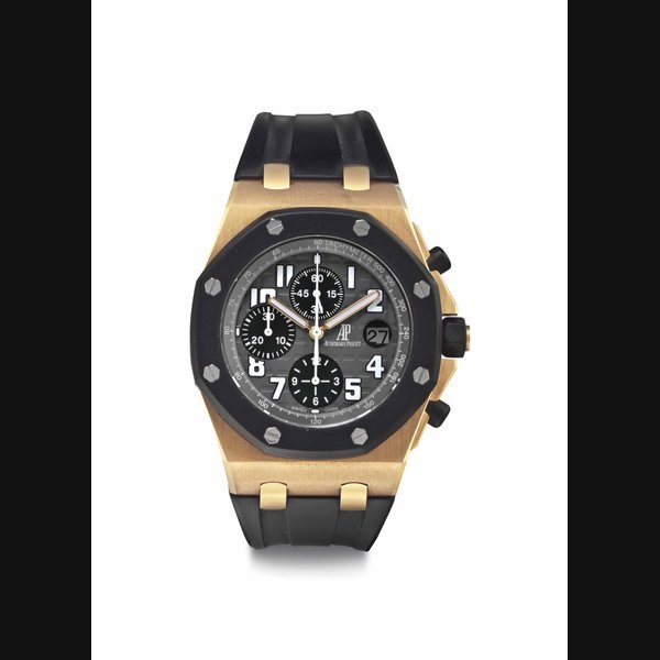 Audemars Piguet Audemars Piguet. An 18k Pink Gold Automatic Chronograph Wristwatch with Date SIGNED AUDEMARS PIGUET, ROYAL OAK OFFSHORE, NO. 5014, NO. G87890, CIRCA 2006