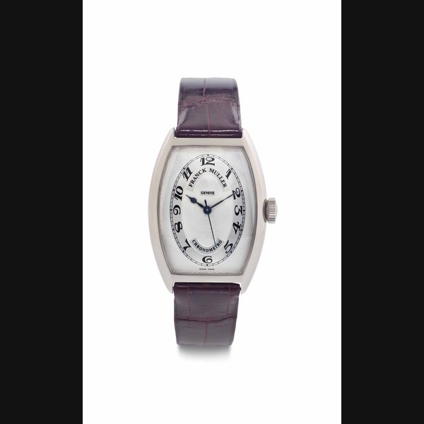 Franck Muller. A Large 18k White Gold Automatic Tonneau-Shaped Wristwatch SIGNED FRANCK MULLER, GENÈVE, CHRONOMETRO, REF. 5850, NO. 129, CIRCA 2000