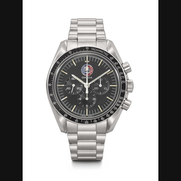 Omega OMEGA. A VERY RARE AND ATTRACTIVE STAINLESS STEEL LIMITED EDITION CHRONOGRAPH WRISTWATCH WITH BRACELET, MADE FOR THE ITALIAN MARKET SPEEDMASTER APOLLO SOYUZ MODEL, REF. ST 145.022, MOVEMENT NO. 39’180’969, NO. 100, MANUFACTURED IN 1976