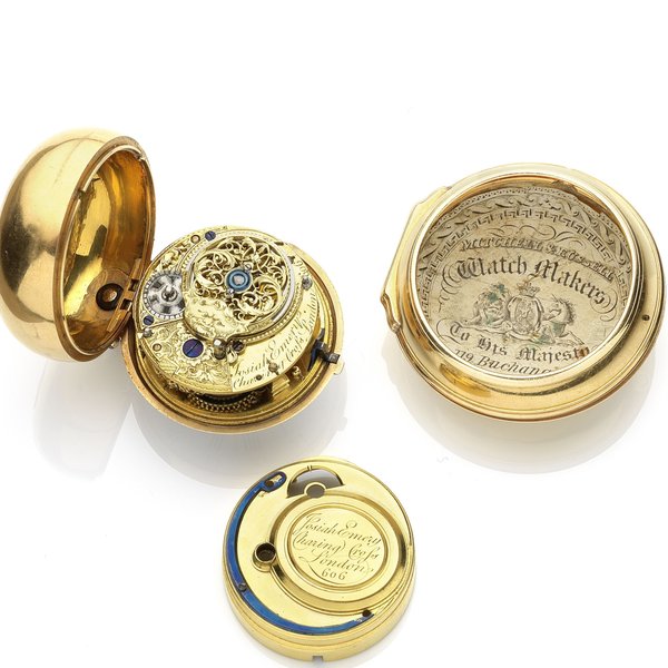Josiah Emery, London. A gold key wind pair case pocket watch Movement No.606, Circa 1750