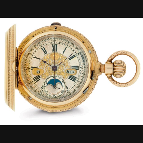 SWISS. AN 18K PINK GOLD TRIPLE CALENDAR HUNTER CASE KEYLESS LEVER POCKET WATCH WITH MOON PHASES UNSIGNED, CASE NO. 14961, CIRCA 1895