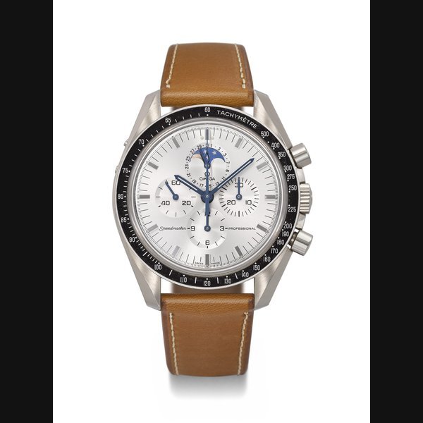 Omega OMEGA. AN ATTRACTIVE 18K WHITE GOLD CHRONOGRAPH WRISTWATCH WITH DATE AND MOON PHASES SPEEDMASTER 'APOLLO 11 30TH ANNIVERSARY' MODEL, REF. 3689.30.31, CASE NO. 77'042'265, CIRCA 2003