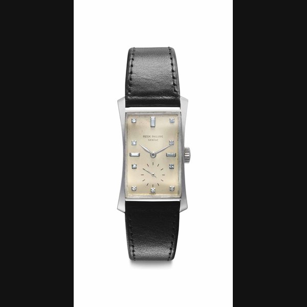 Patek Philippe. An Extremely Fine and Elegant Platinum and Diamond-set Rectangular-shaped Wristwatch Signed Patek Philippe, Genève, Hourglass Model, Ref. 1593, Movement No. 971’476, Case No. 655’200, Manufactured in 1949